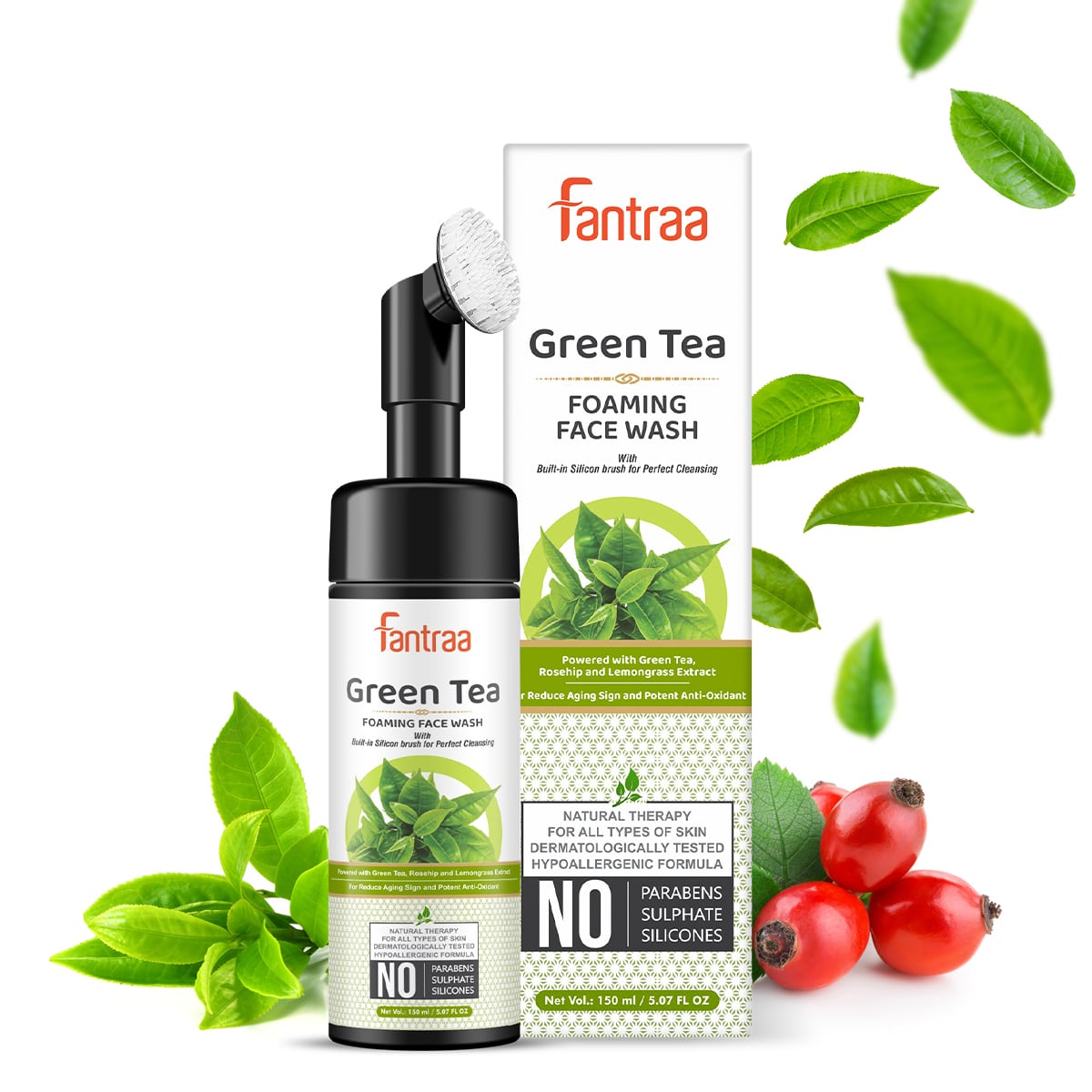 Green Tea Foaming Face Wash with Rosehip and Lemongrass Extract For Reduce Aging Sign and Potent Anti-Oxidant - 150ml